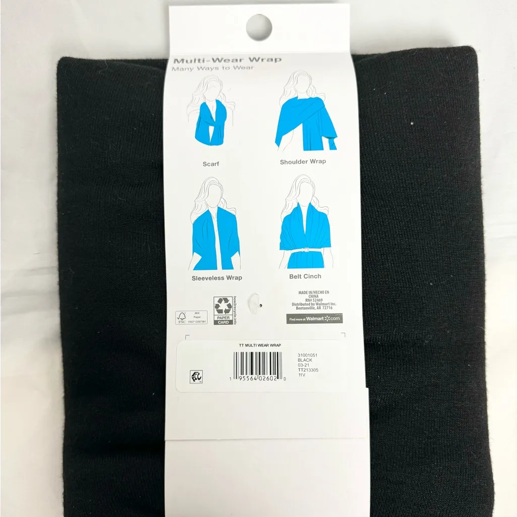 Time and True Womens Boho Classic Multi Wear Scarf Wrap Shawl ONE SIZE Black NWT - Image 2