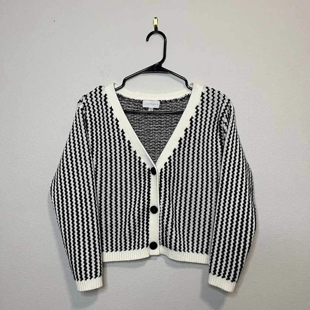 Lucy Paris NWOT Black & White Taya Chevron Knit V-Neck Button Down Cardigan - XS - Image 2