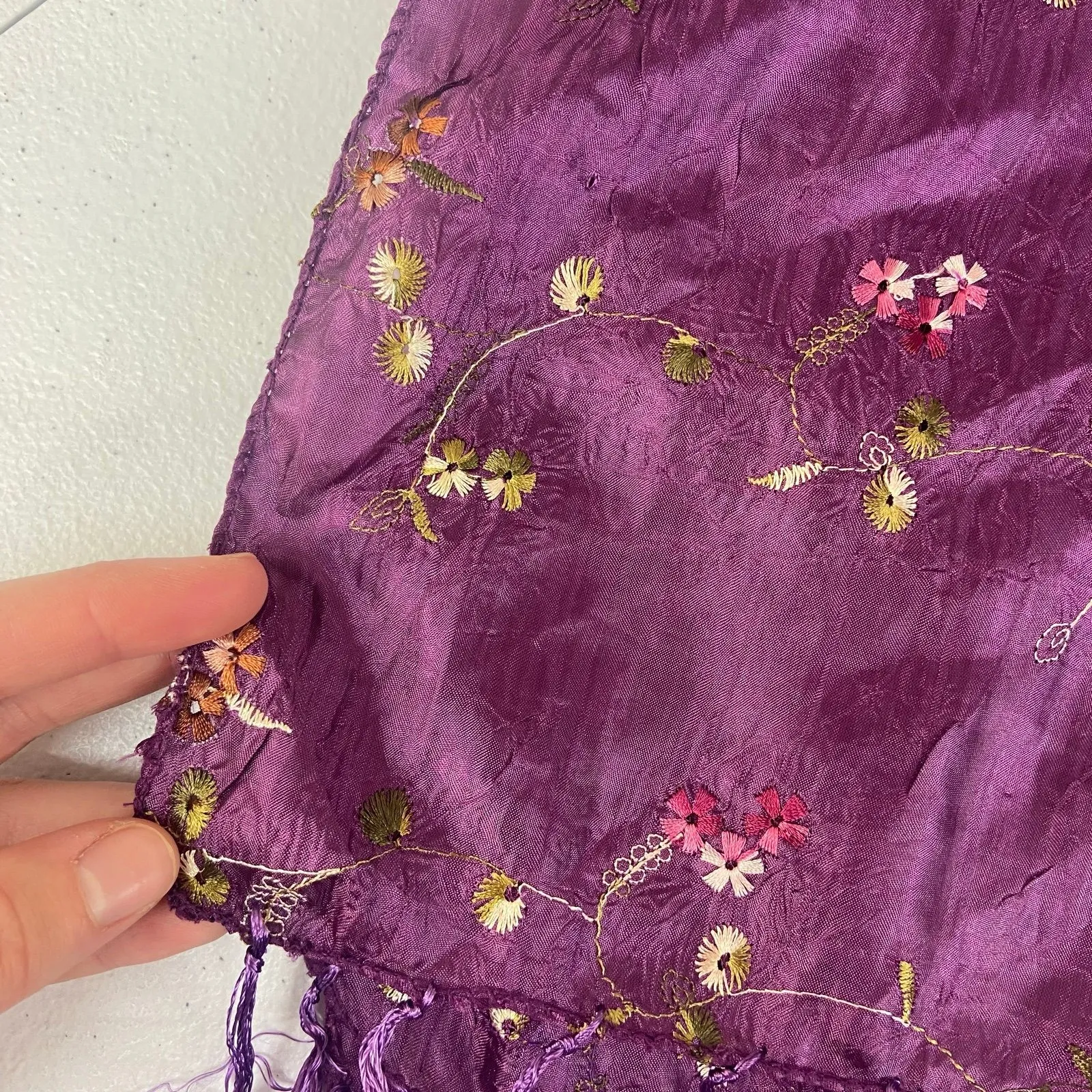 Adult dark purple embroidered floral tassel fringe silk scarf wrap lightweight - Image 3