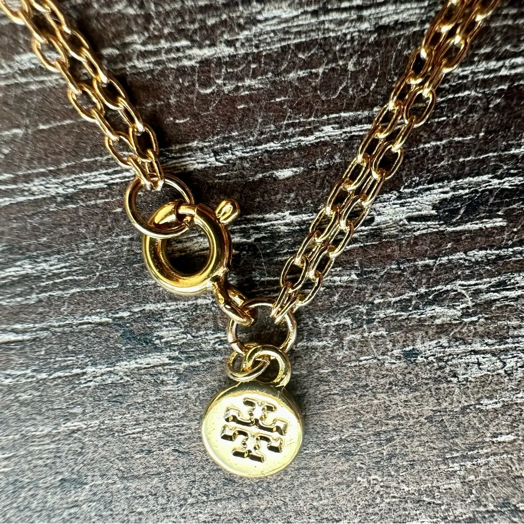 New Tory Burch Britten Gold Tone Double Strand Layered, Logo with Pearl Charm - Image 11