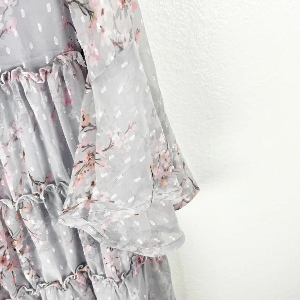 STORIA Chiffon Cherry Blossom Swing High Neck Bell Sleeve Tiered Dress Small - Image 8