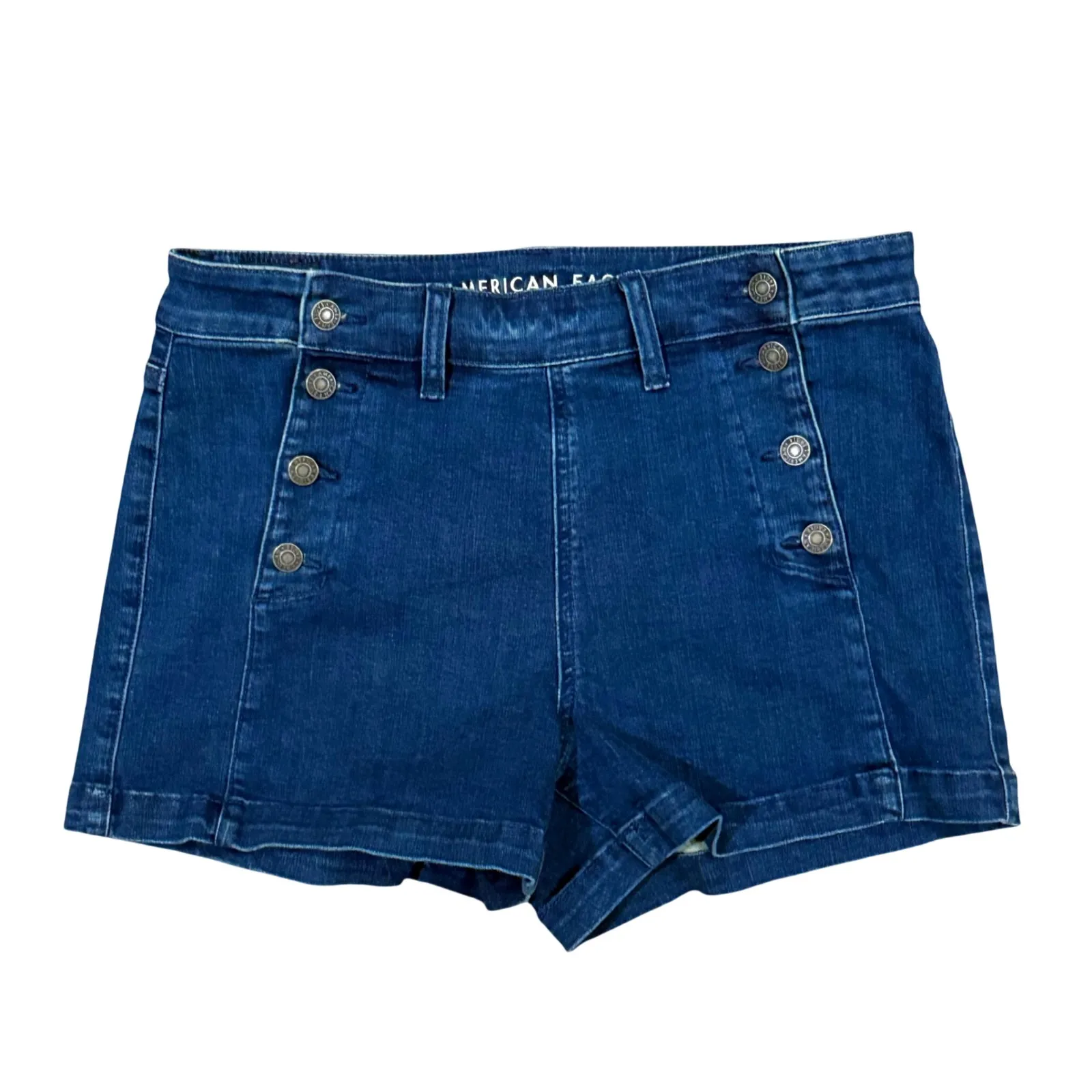 American Eagle High-rise SUPER Stretch Denim Shortie Shorts Sailor Buttons sz 14 - Image 2