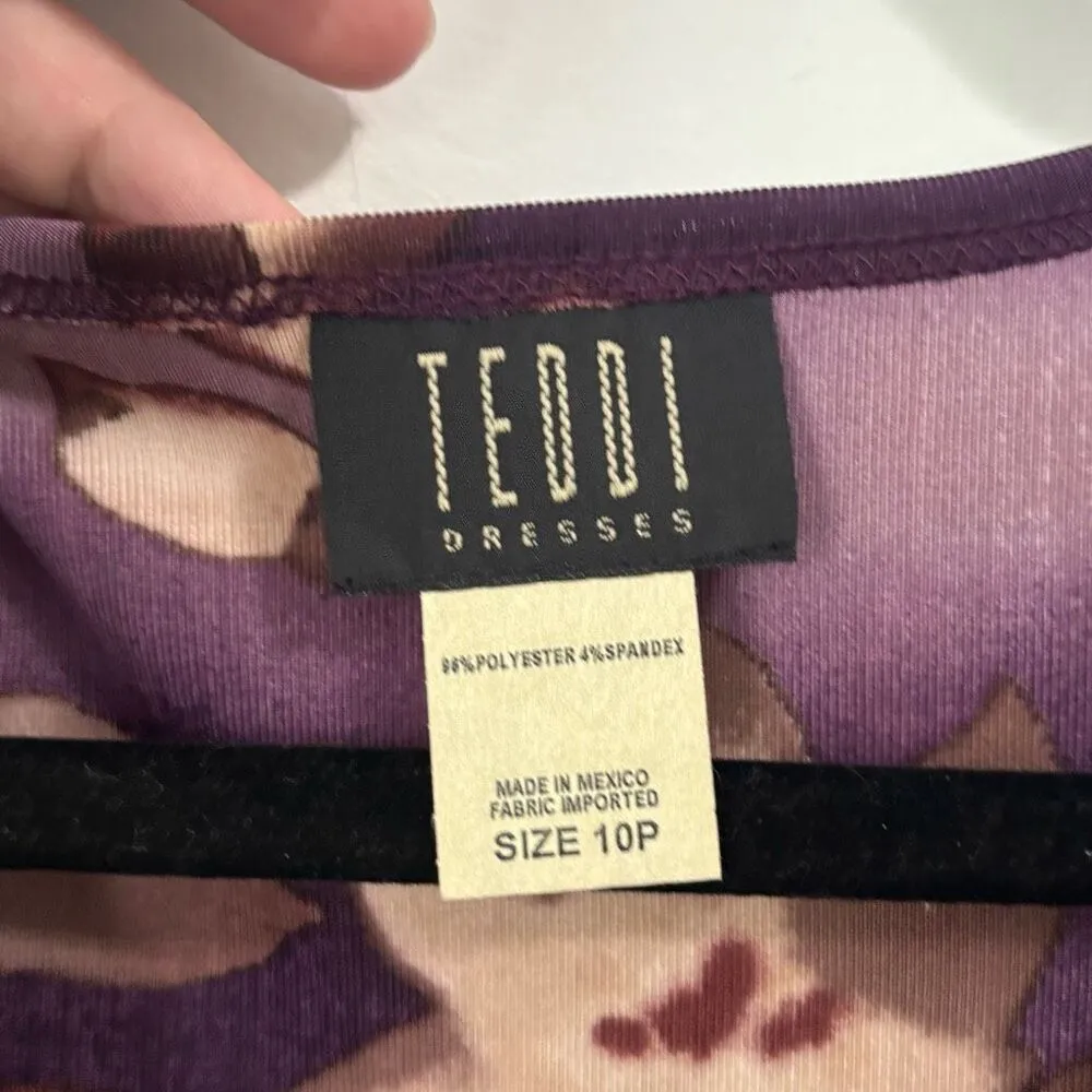 Vintage 90’s Teddi Floral Purple Sheath‎ Dress Knee Length 10 Petite Size 10P - Image 2