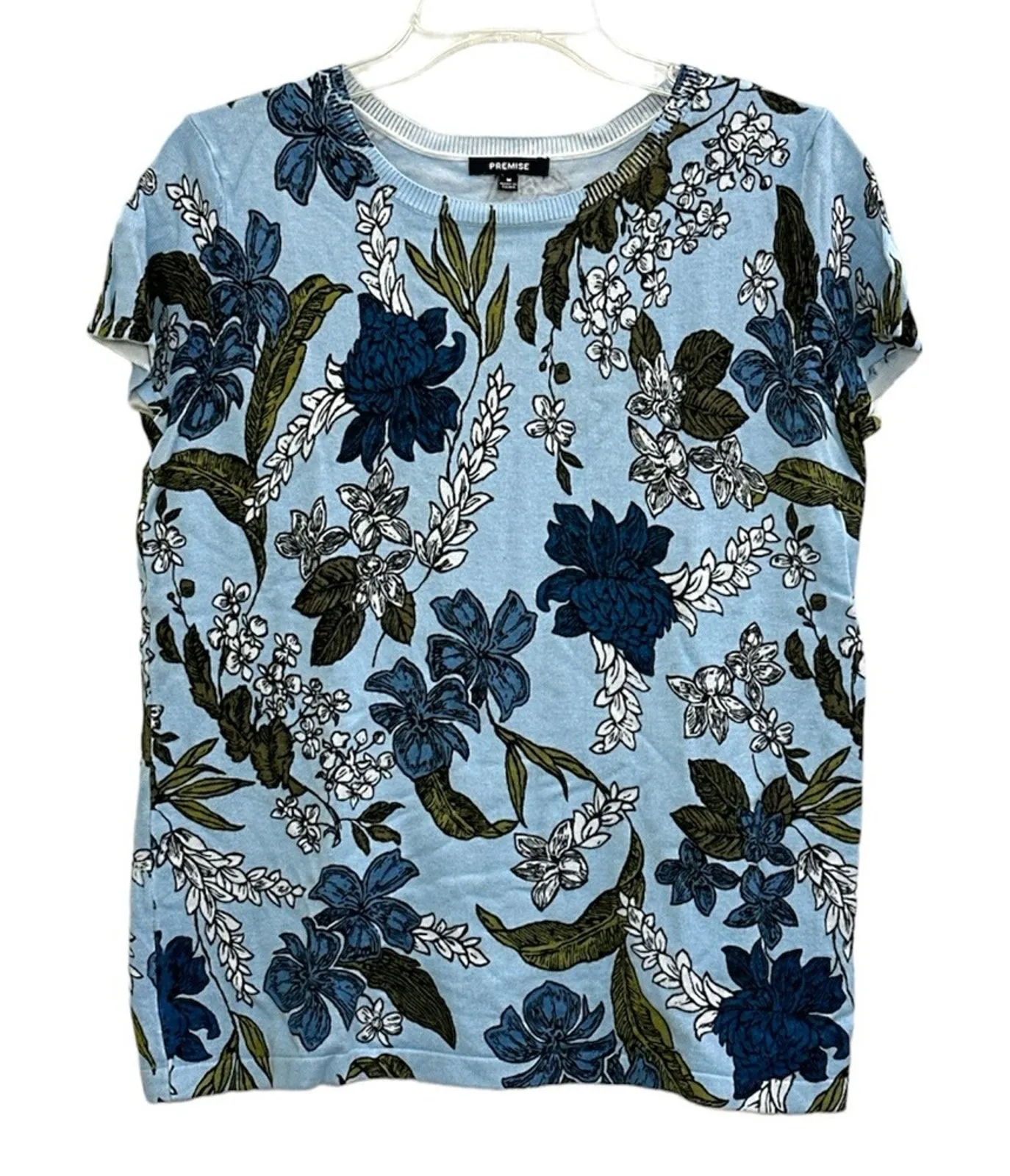 Premise Floral Nature Short Sleeve Knit Top Sweater Light Robins Egg Blue M EUC - Image 1