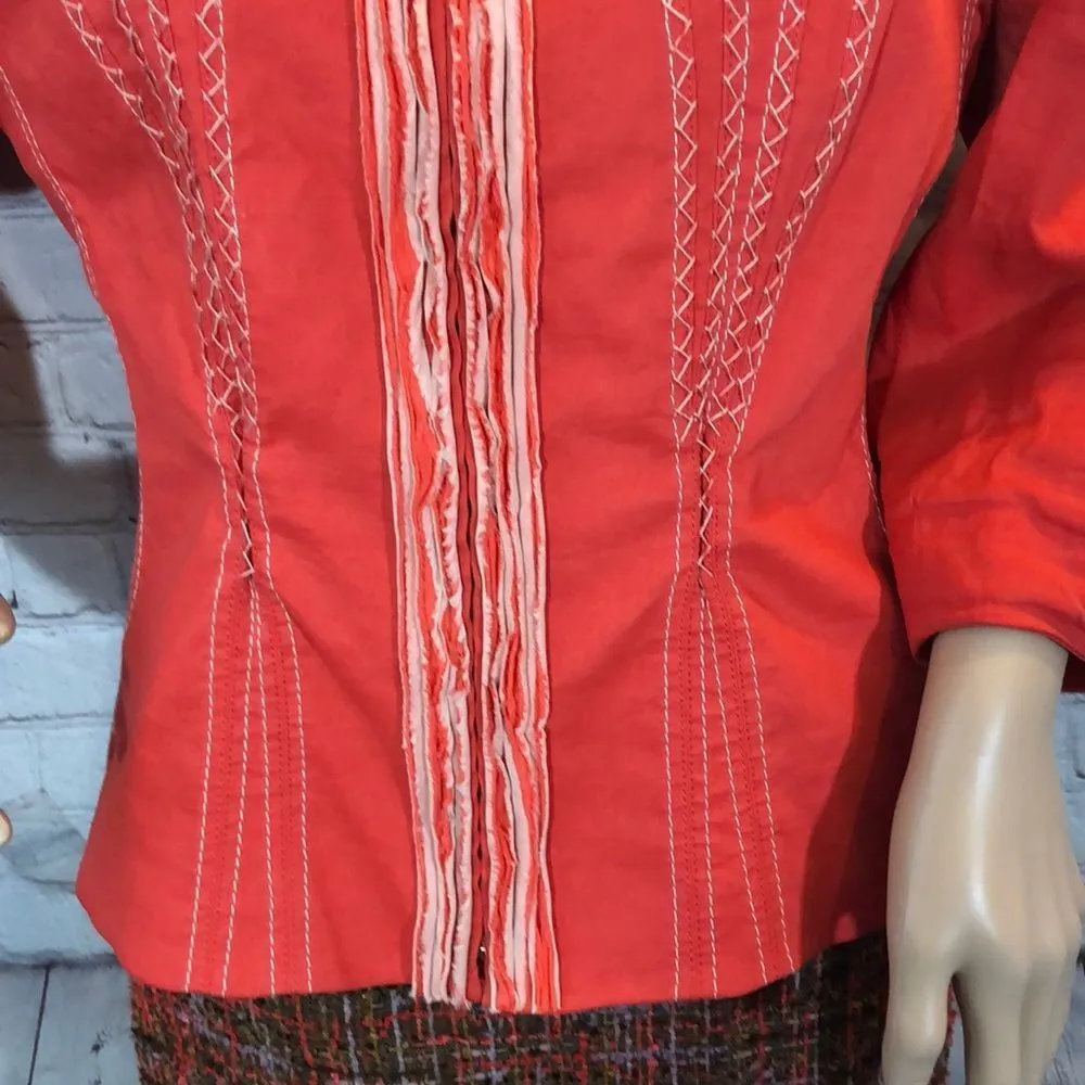Elie Tahari Ruffled Zip Front Detailed Blazer Bright Orange Medium M - Image 3