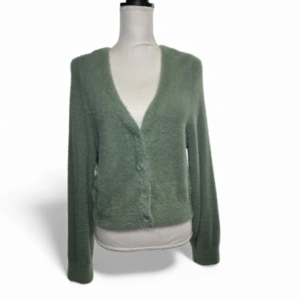 Aerie Sprout Green Fuzzy Cropped Button Up Cardigan Women's Large New With Tags - Image 2