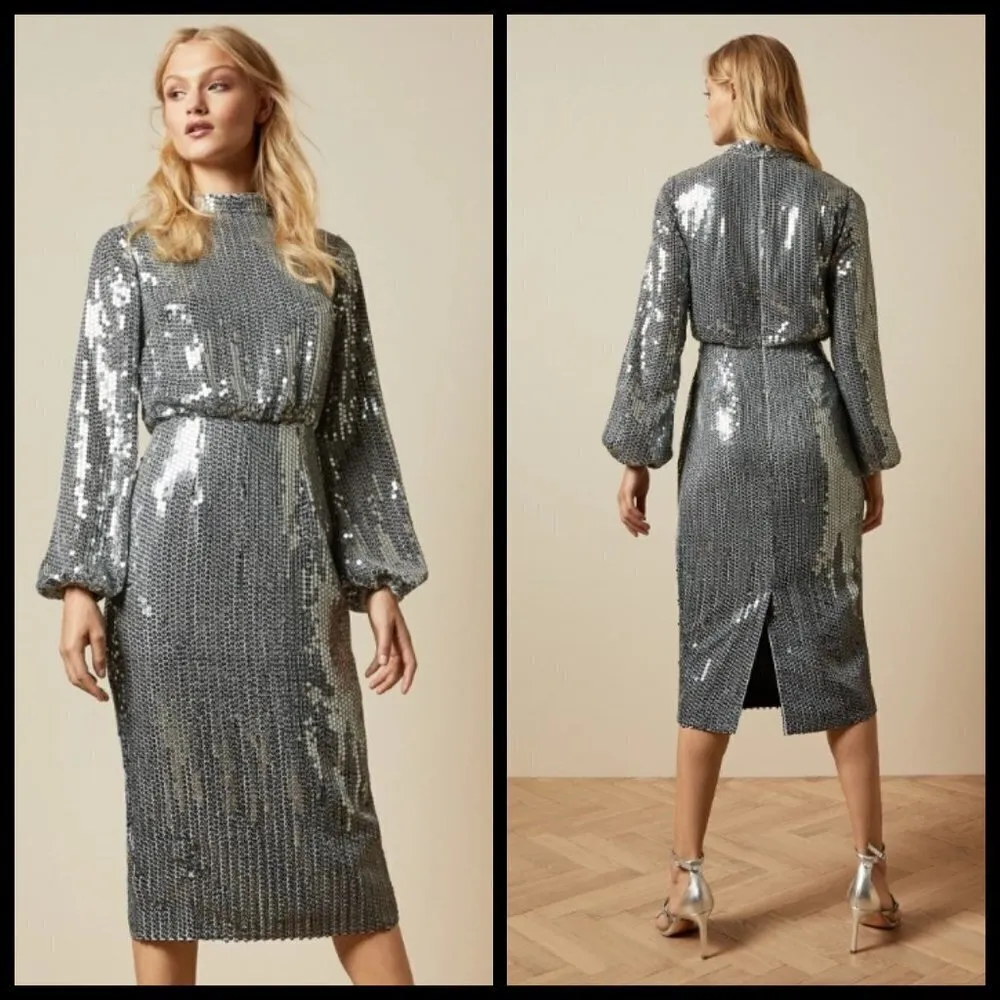 💕TED BAKER LONDON💕 Ophilla Long Sleeve Sequin Mini Dress Gunmetal 6 NWT - Image 3