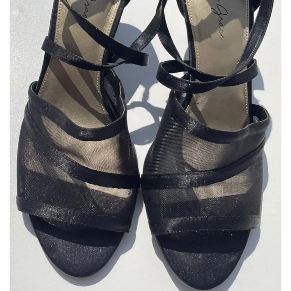 Amelia Grace Shoes Women’s Size 10 Palm Print Fabric Heels Slip On Open Toe Heel Black - Image 4