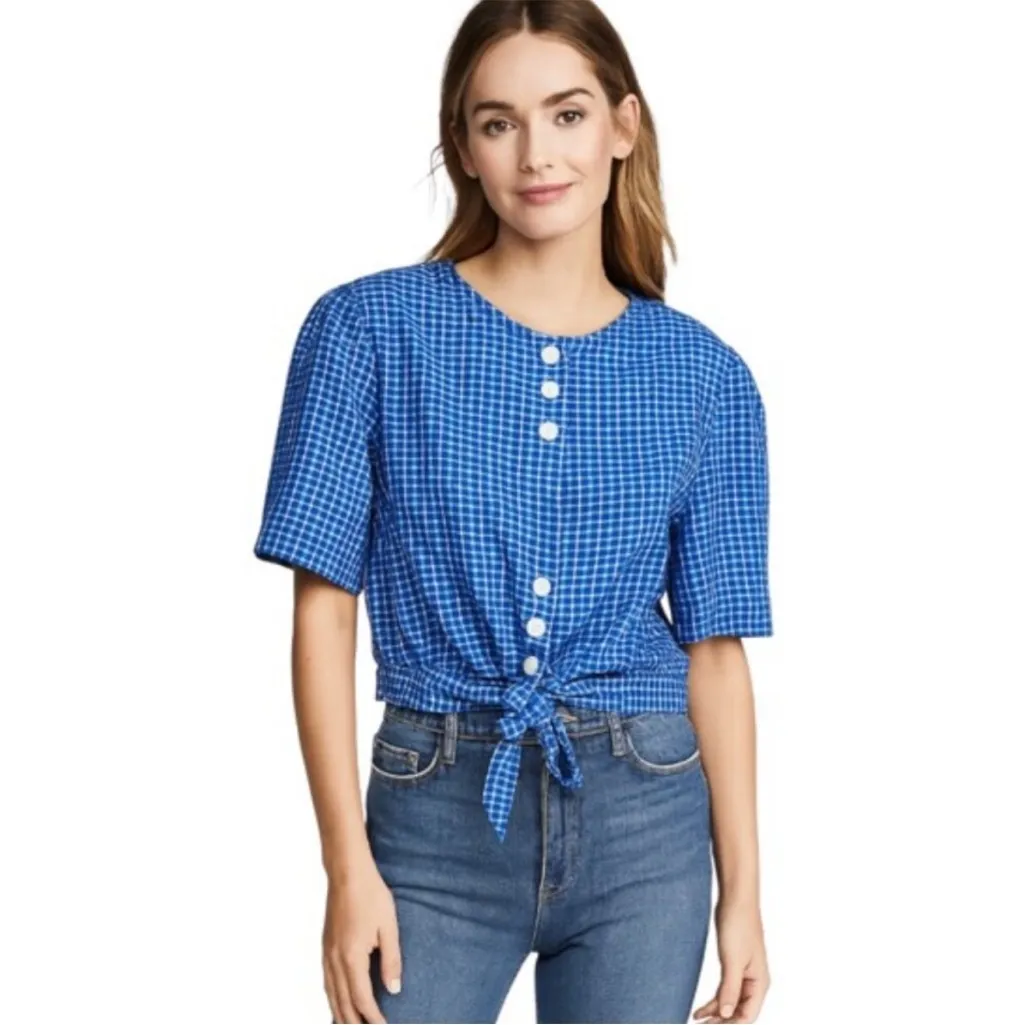 The East Order Medium Short Sleeve Mahlia Crop Top in cobalt blue check preppy - Image 6