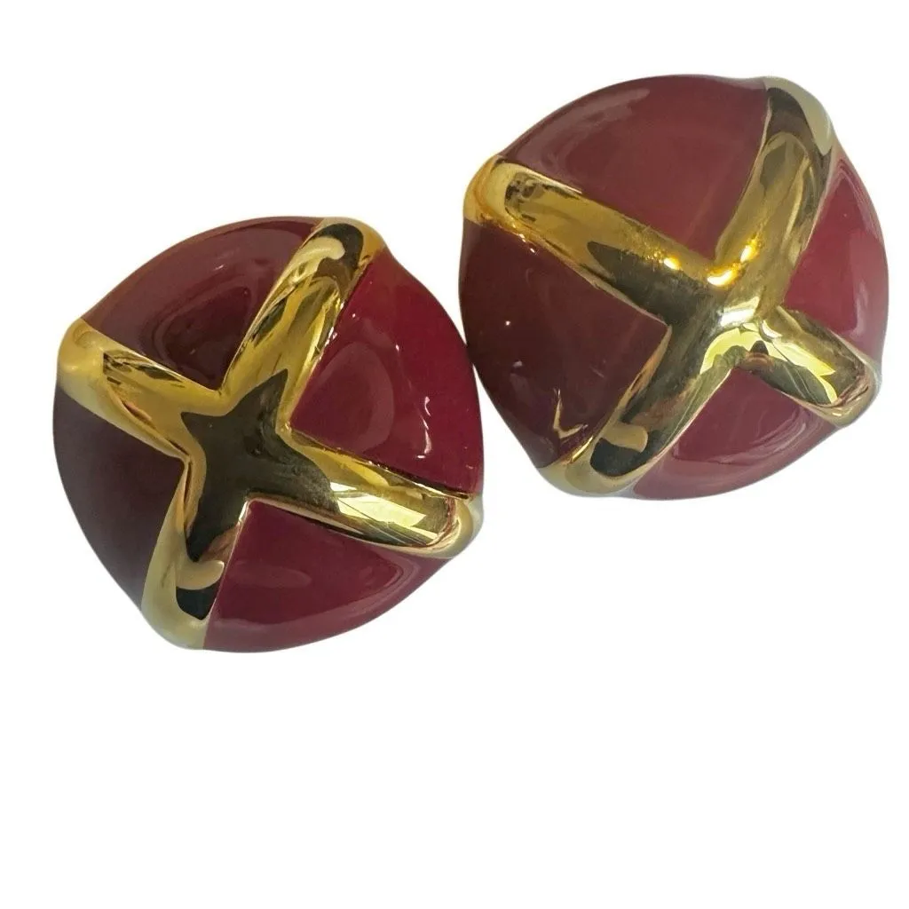St. John Red Enamel & Gold-Tone "X" Clip-On Statement Earrings - Image 7