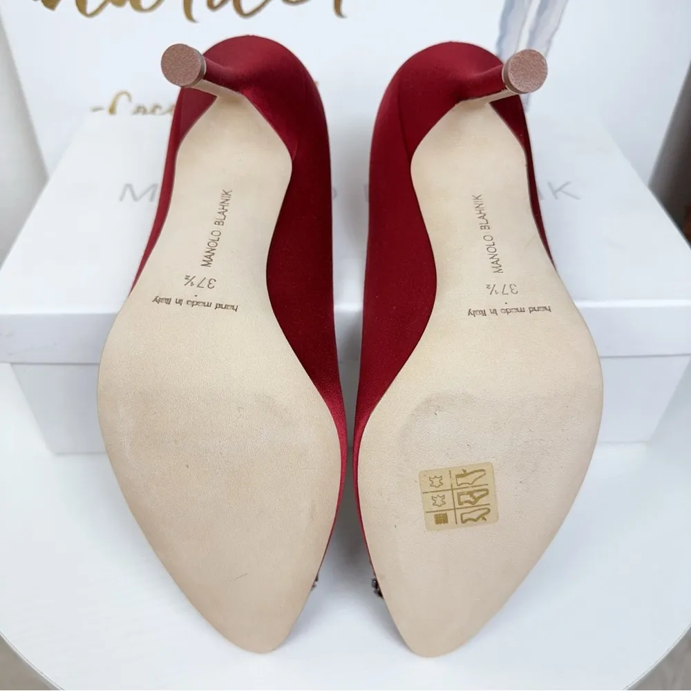 NIB Manolo Blahnik Wine Red 105mm Hangisi Satin Pumps Size 37.5 - Image 10