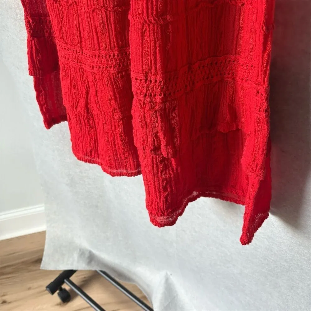 Y2K Red Cotton Textured Lace Trimmed Tiered Midi Skirt One Size Gypsy Boho Red Size L - Image 3