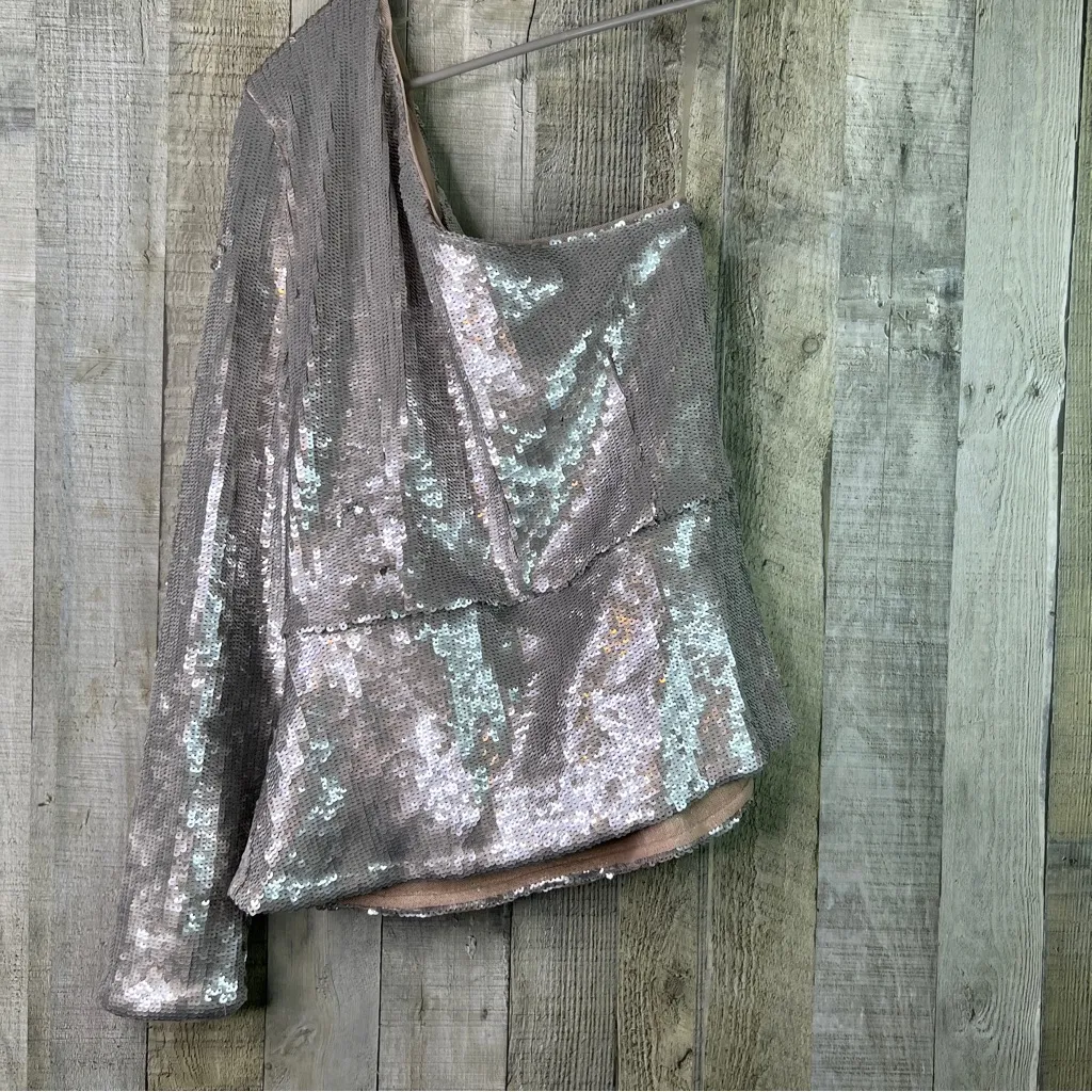 Inc. International Concepts Silver Sequin 1 Arm Peplum Party Festival Top Size M - Image 3