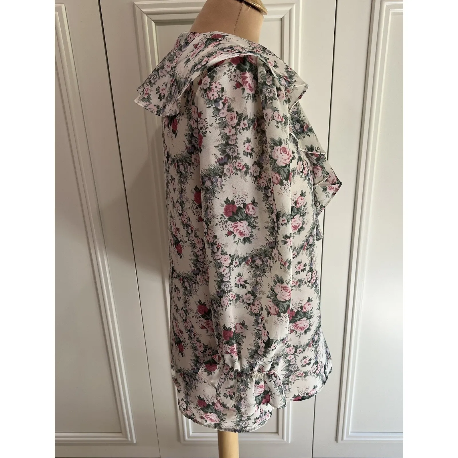 Vtg Pink &‎ Green Roses Floral Blouse Ruffle Shoulder Pads Romantic 80's Size L - Image 3