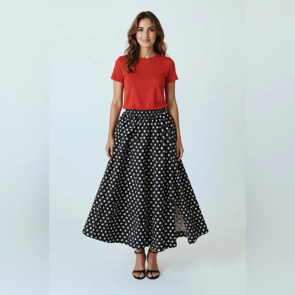 Petal & Pup Mable Black and White Polka Dot Maxi Skirt with side slit Size L - Image 9