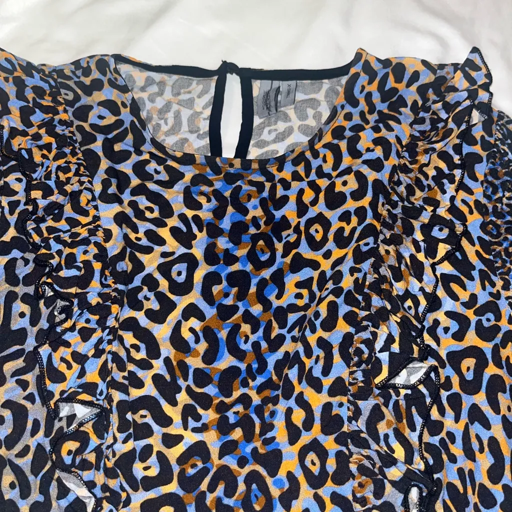 Blnk Bl^nk Anthropologie Moira Blue Leopard Print Ruffle Peplum Top Blouse Sz XS - Image 6