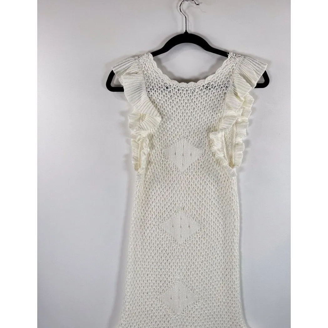 FP Beach Womens Dress White Mykonos Sweater Mini Flutter V Neck Open Knit Small - Image 8