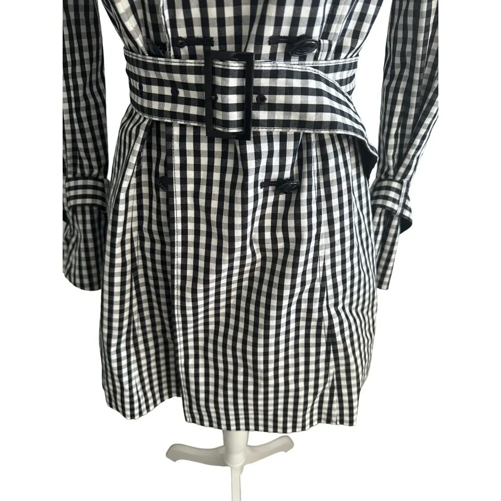 WHITE HOUSE BLACK MARKET WHBM Black White Gingham Plaid Trench Coat Jacket Size - Image 3