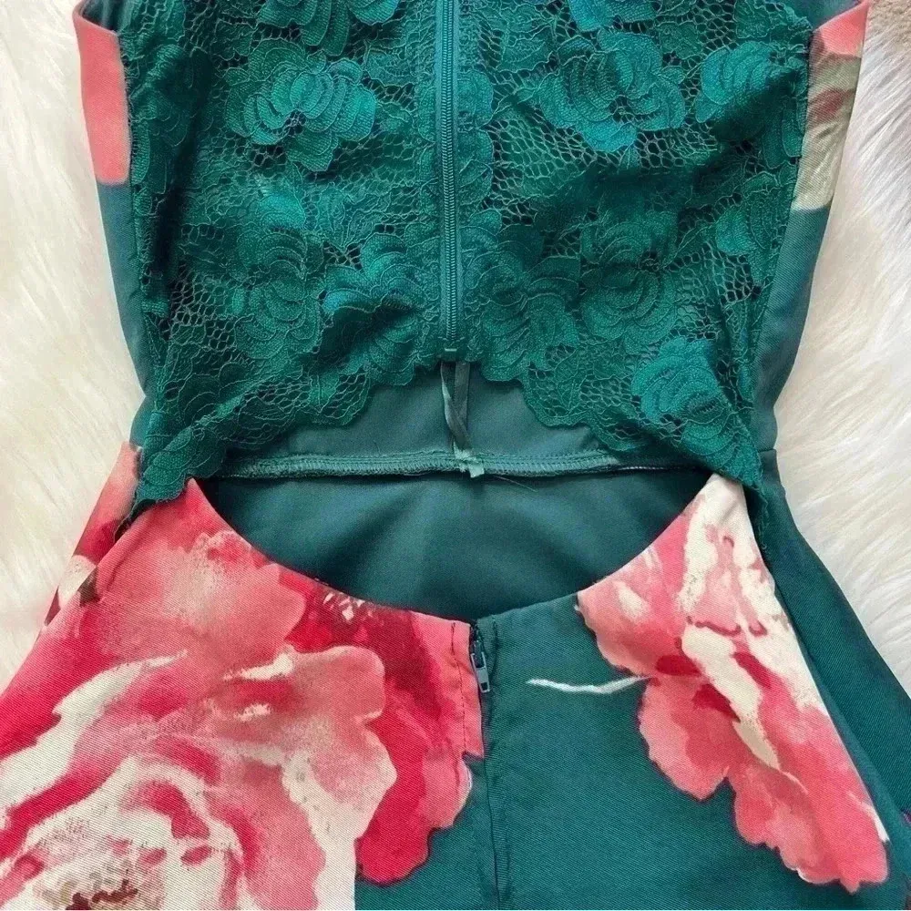 City Triangles Y2K Flare Green & Pink Floral Open Back Mini Dress - Image 8