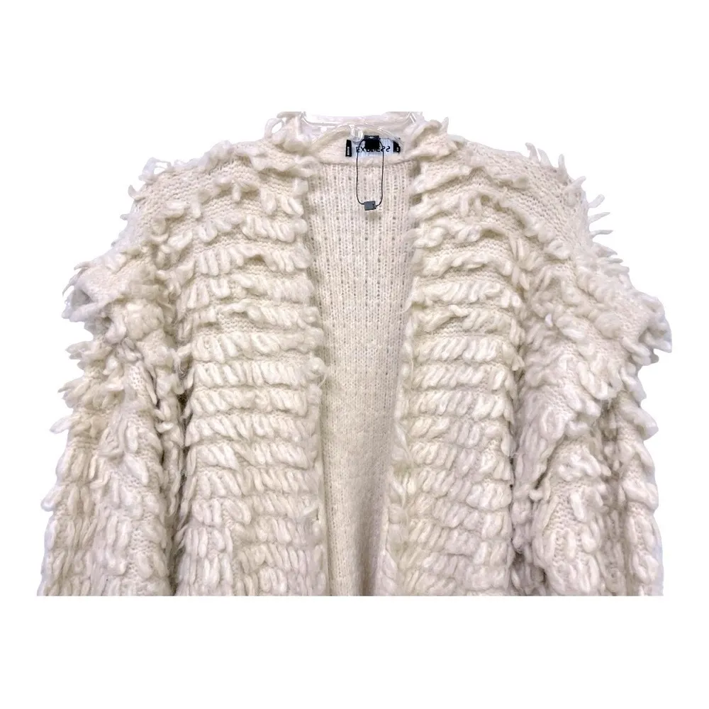 Express Fluffy Chunky Fringe Cardigan Cream Size M Sleeve Detail - Image 6