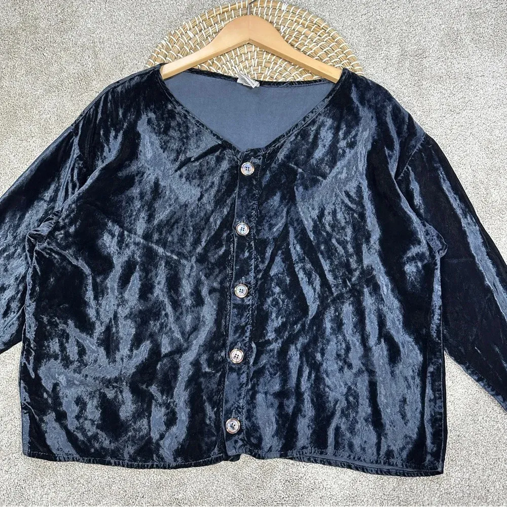 CP Shades Button Front Velvet Velour Top Longsleeve Oversized V-Neck Classic L - Image 3