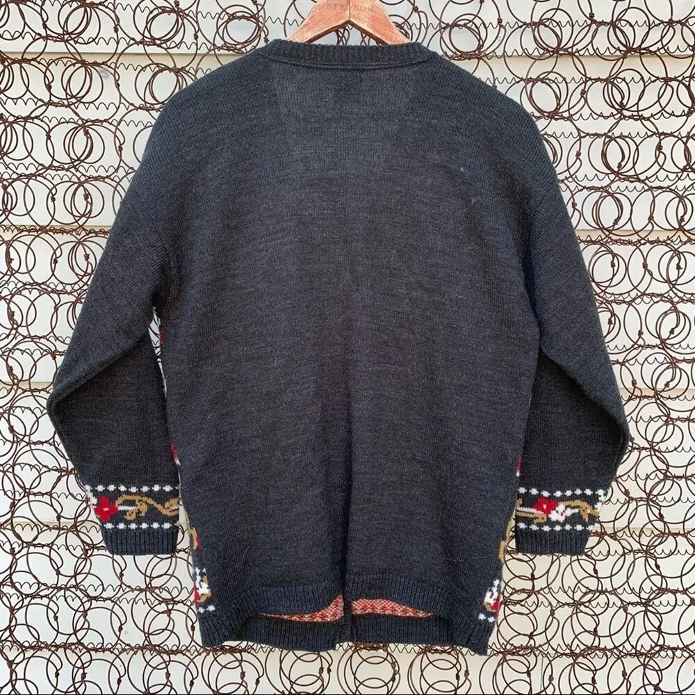 Vintage panther moody black red gold floral button down cardigan sweater LARGE? - Image 3