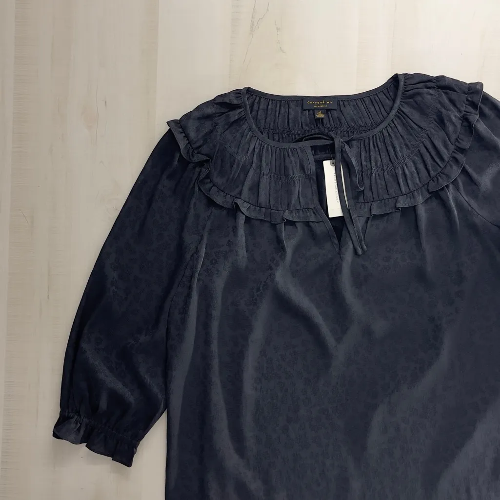 nwt ANTHROPOLOGIE x current air ruffle green silky peasant top blouse floral M - Image 4