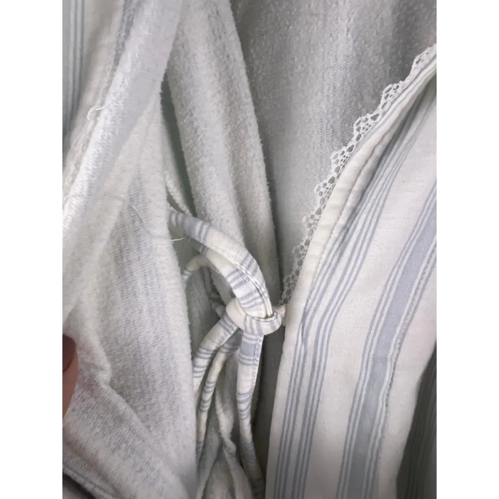 Miss Elaine Cotton Robe M | Vintage Striped Terry Cloth Housecoat Lace Trim Belt White Size M - Image 6