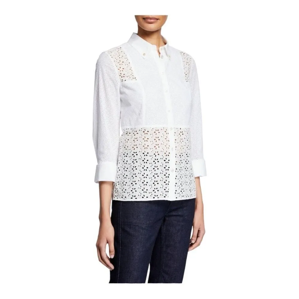 Tory Burch Ivory Eyelet Patchwork Button Down 3/4 Sleeve Shirt - Image 2