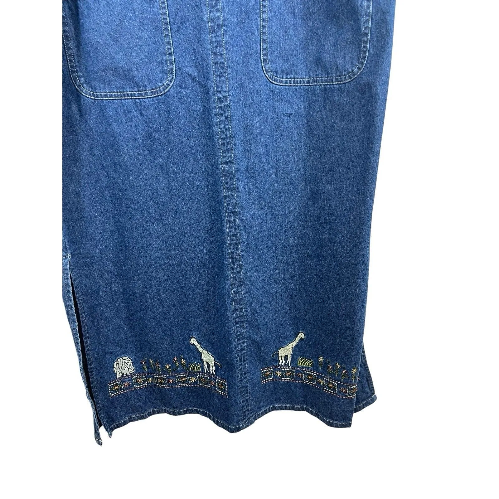 VTG 90s M.P.H. Blues Denim Jumper Dress L Embroidered Animals Safari Pockets NWT Blue Size L - Image 6