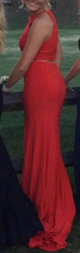 Two Piece Halter High Slit Red Prom Dress - Image 8