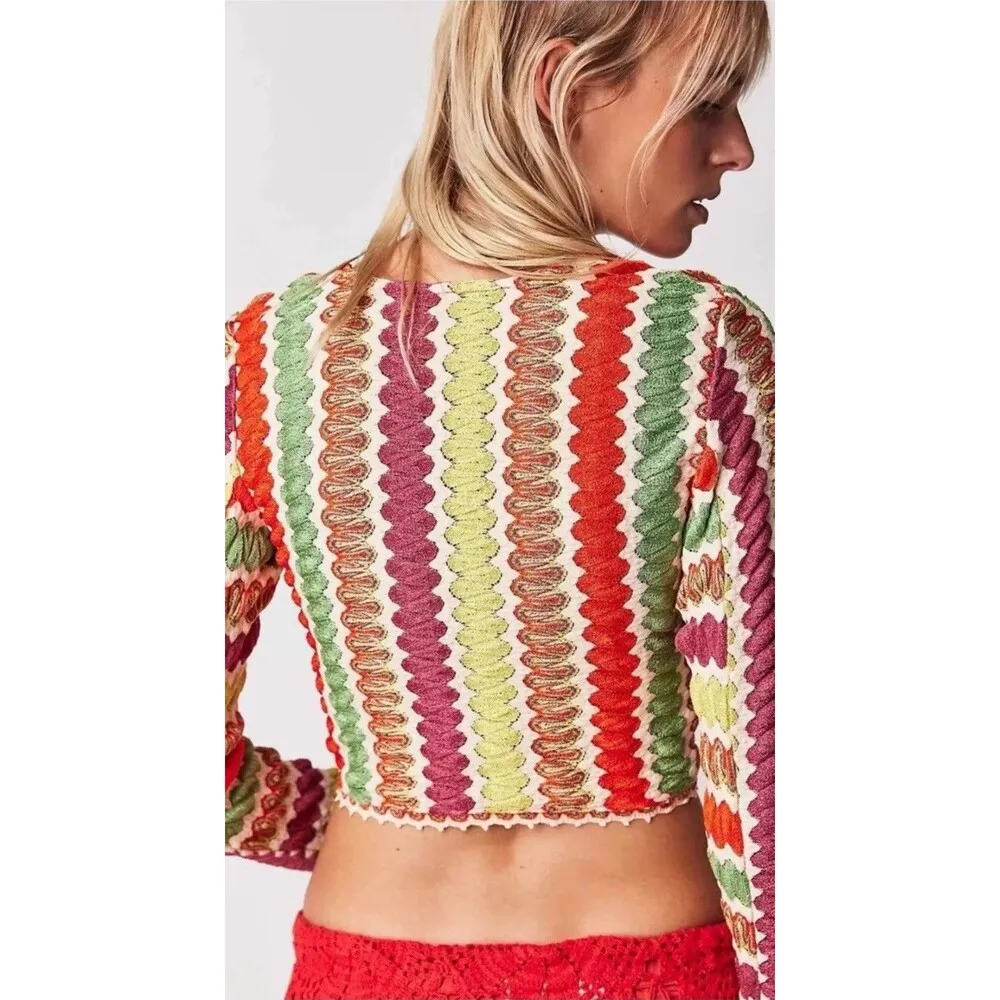 Free People Twist And Shout Crop Top Large Boho Crochet Scallop Festival Hippie - Image 3