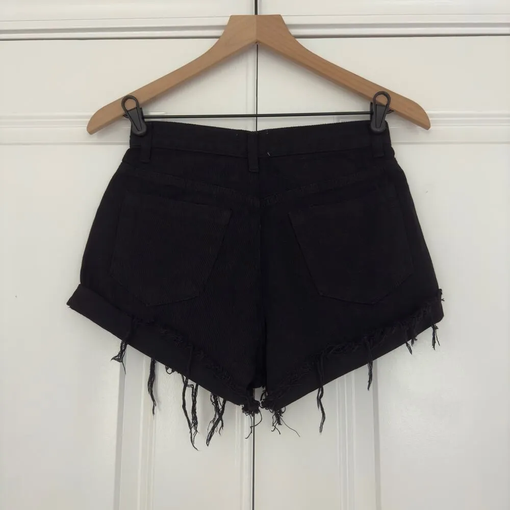 Princess Polly Eddie Highwaisted Shorts Black raw hem 5-pocket zip button cotton - Image 3