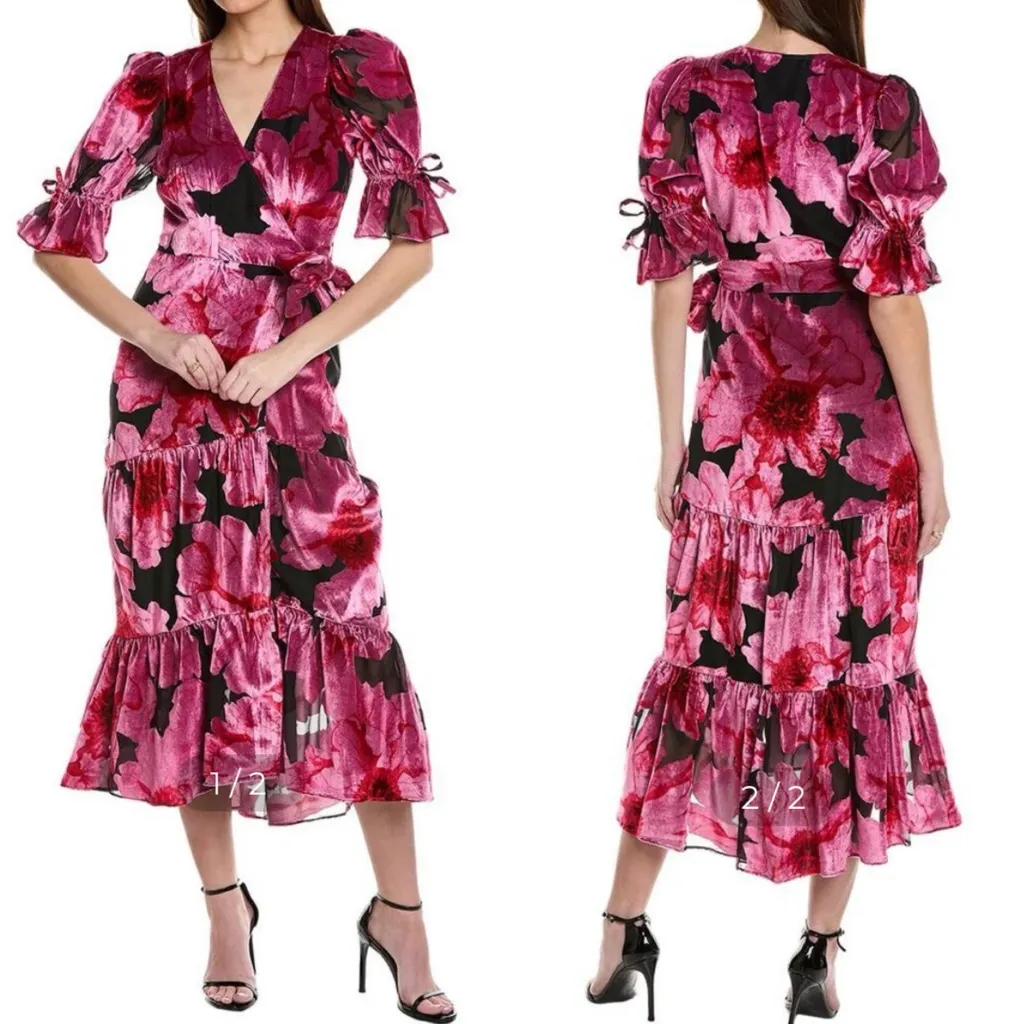 Anthropologie X Hutch Marisol Midi Wrap Dress Floral Pink Velvet Black - Image 2