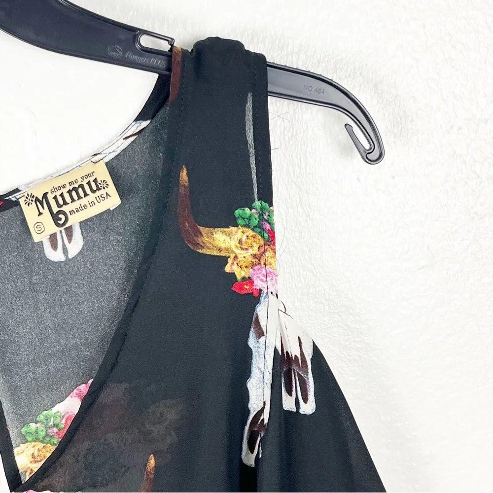 SHOW ME YOUR MUMU Black Sheer Shoulder Mummy Graphic Peek A Boo Top, Size Small - Image 9