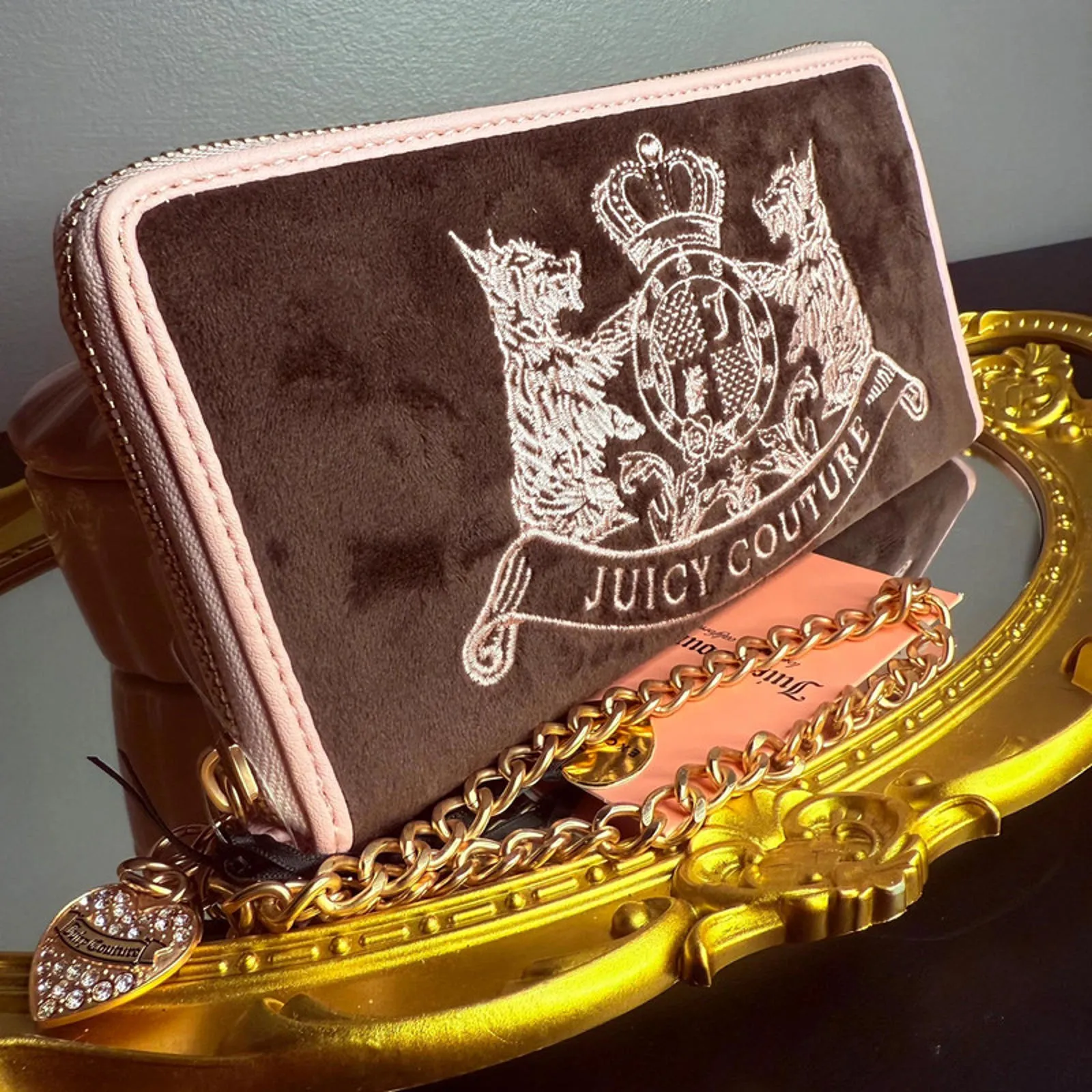 Juicy Couture Velour Zip Around Wallet Wristlet Brown Pink Chain NWT - Image 2