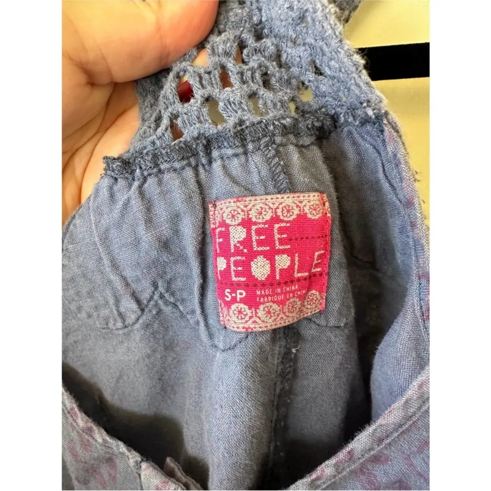 Free People Linen Romper Racerback Drawstring Waist Button Front Blue Small - Image 4