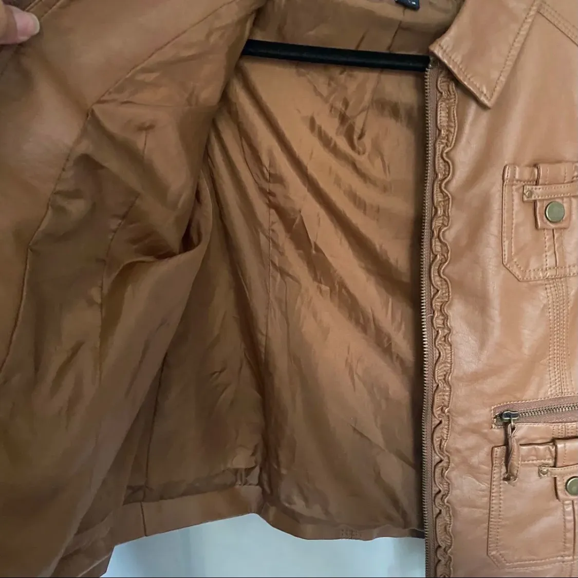 “SugarFly” Tobacco Brown Faux Leather Bomber Jacket  - Image 3