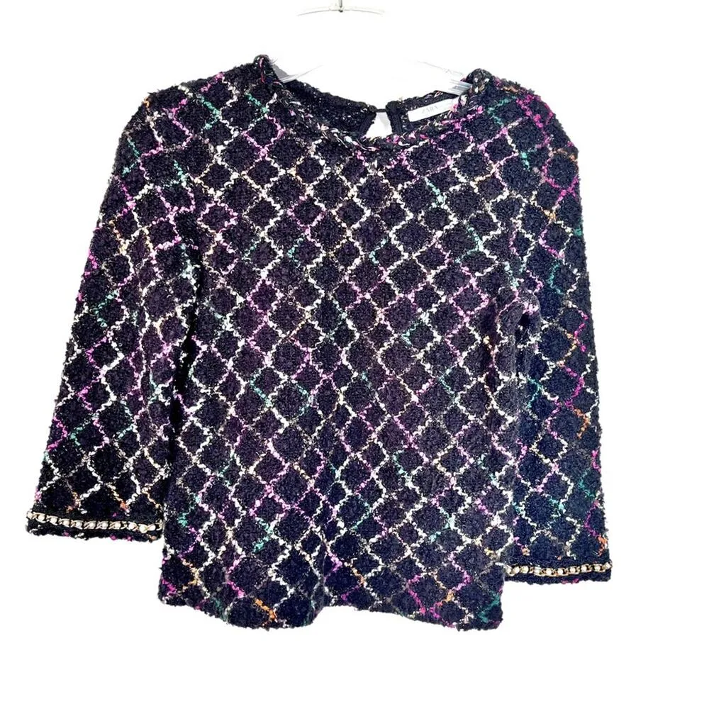 Zara black multicolor boucle knit top with pearl detail size Small - Image 7