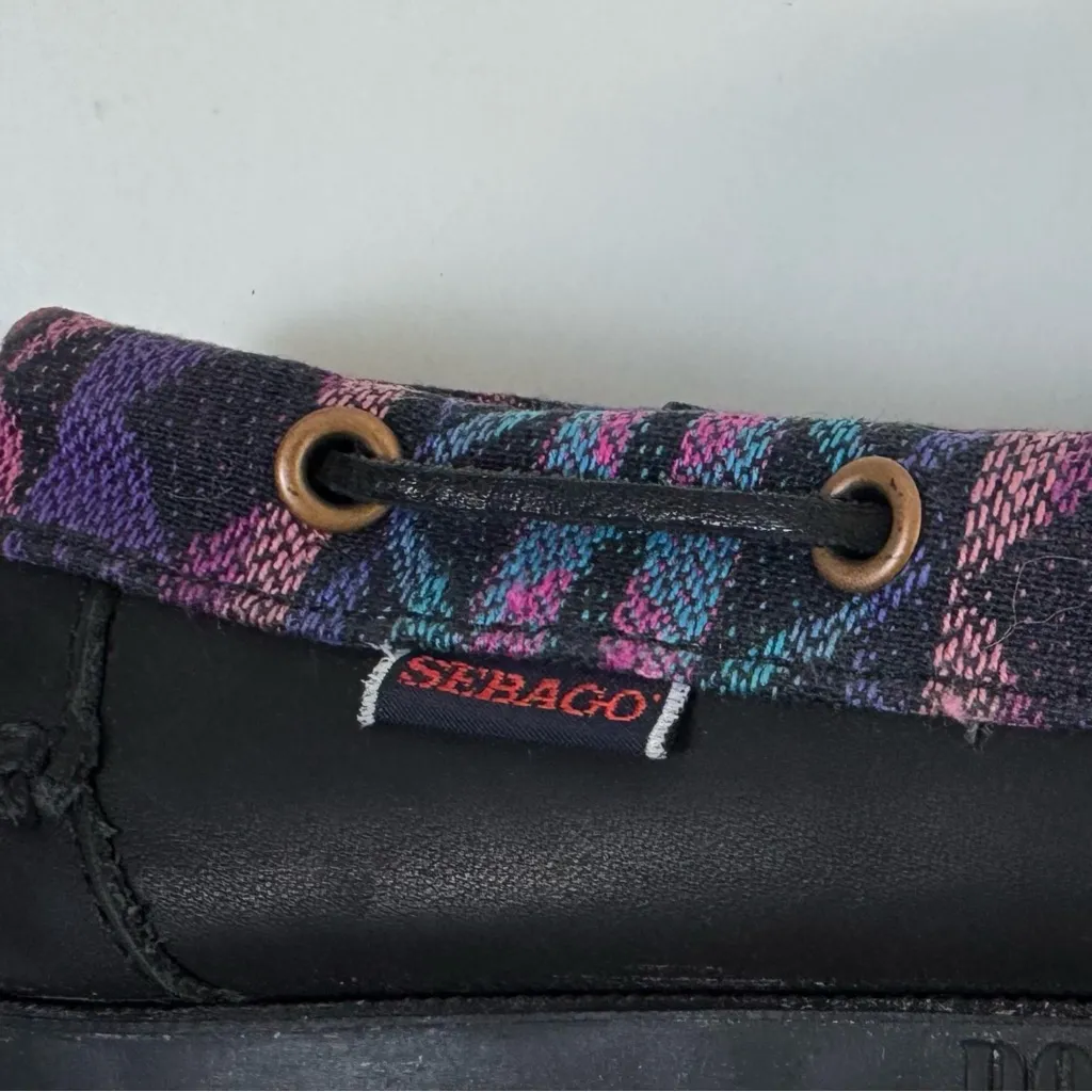 Sebago Spinnaker Black Tribal Leather Boat Shoes Size 8 Nautical Preppy Aztec - Image 8