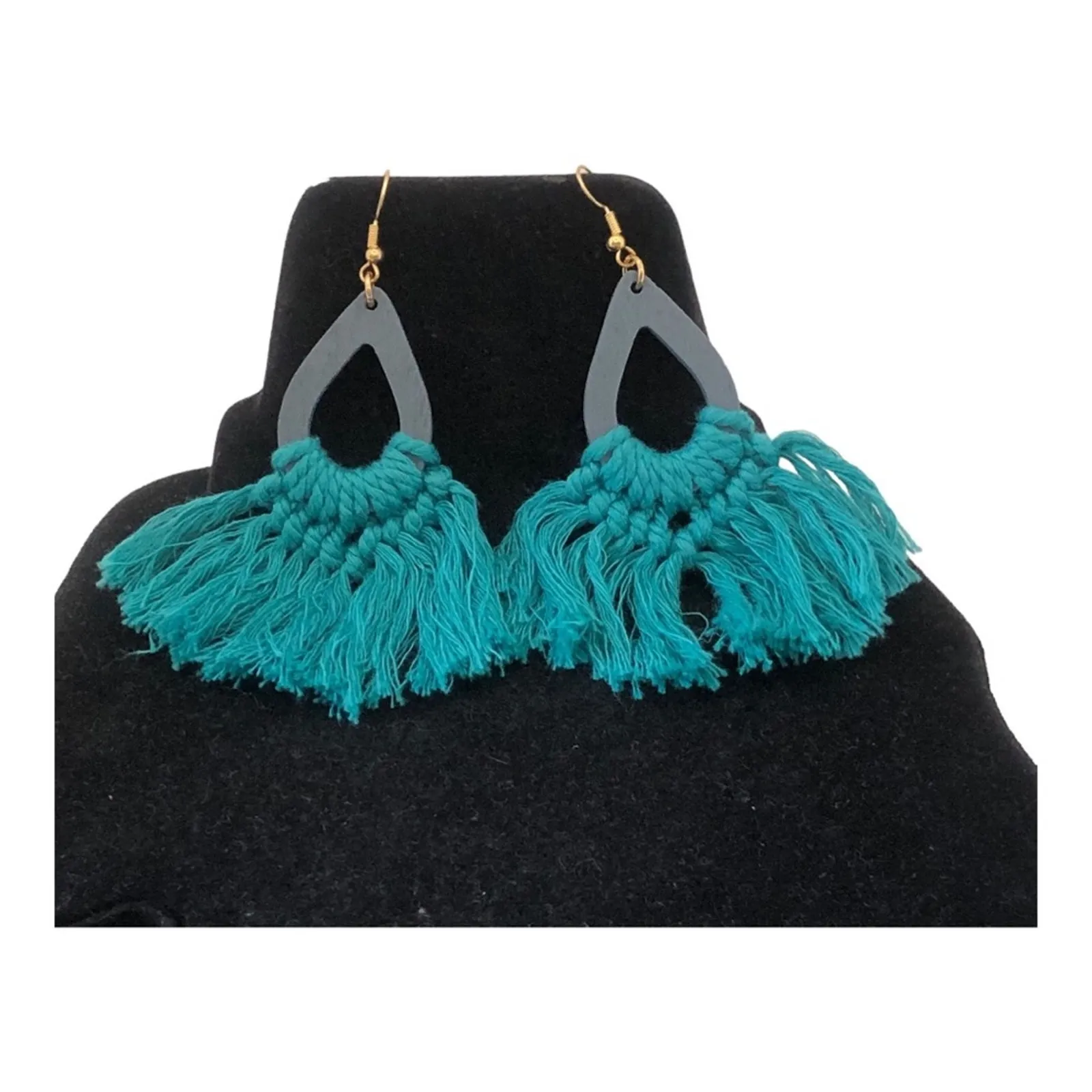 Green Macrame Fan Fringe Cutout Colored Wood Teardrop Bohemian Dangle Earrings - Image 2