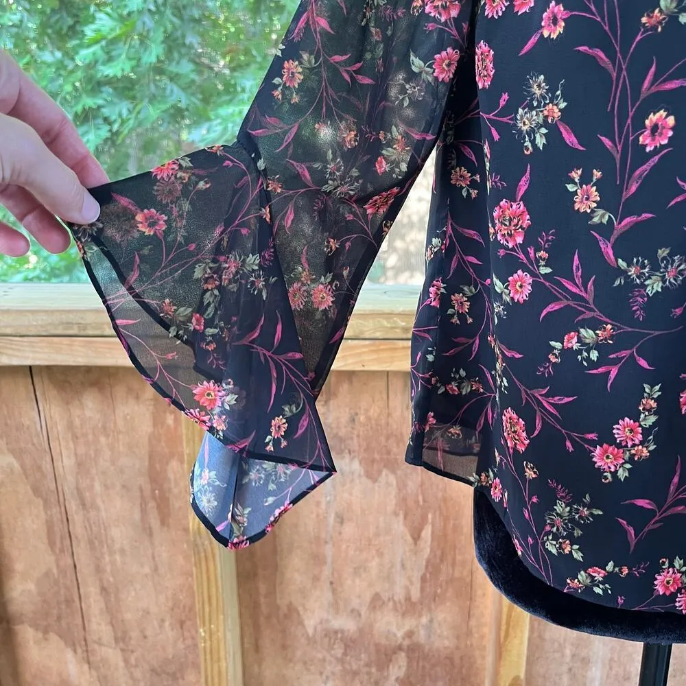 Scripted Black Floral Peasant Blouse Off The Shoulder Size S. NEW - Image 7