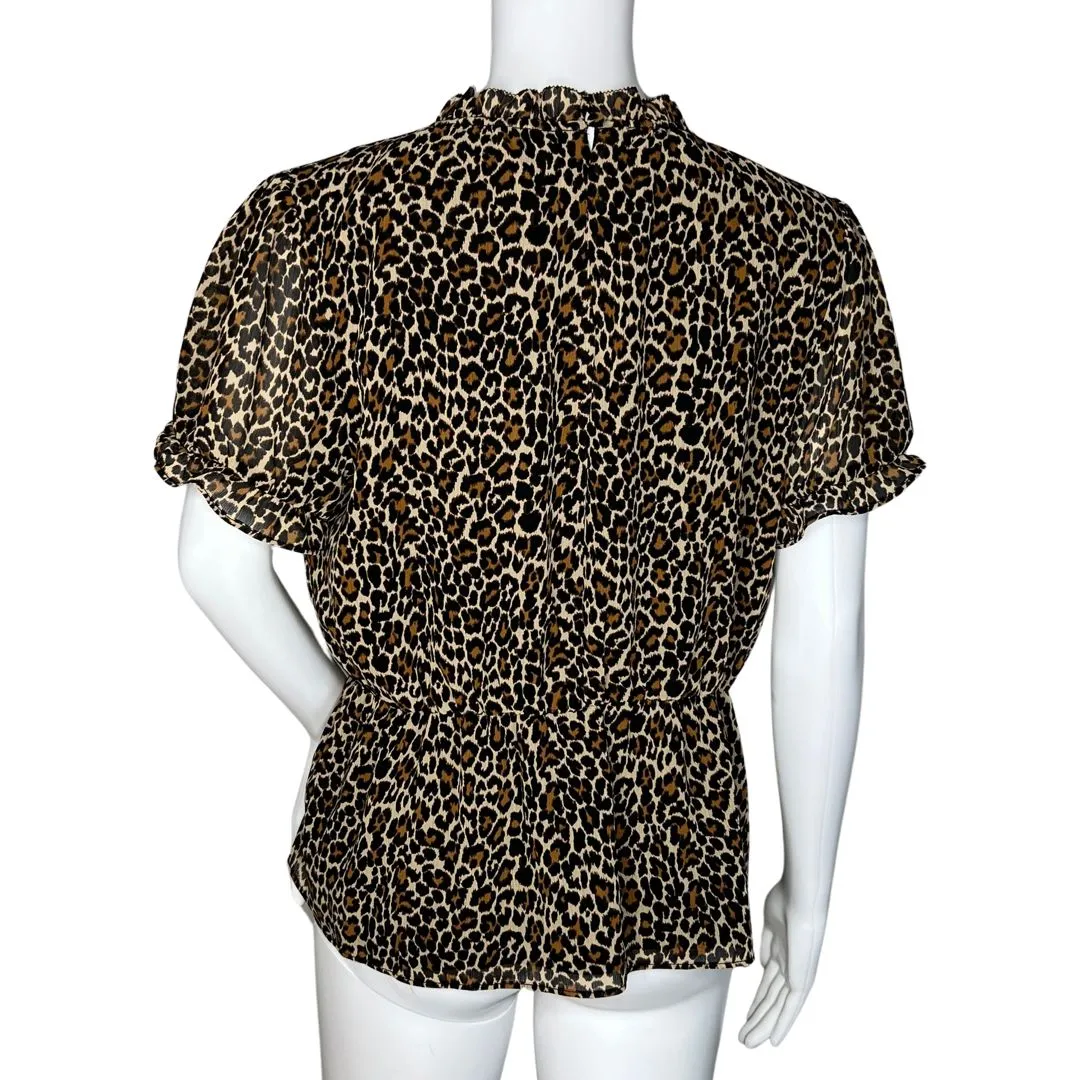 J.Crew Shirt Womens Small Brown Cheetah Print Ruffle Neck Peplum Rockabilly Edgy - Image 4