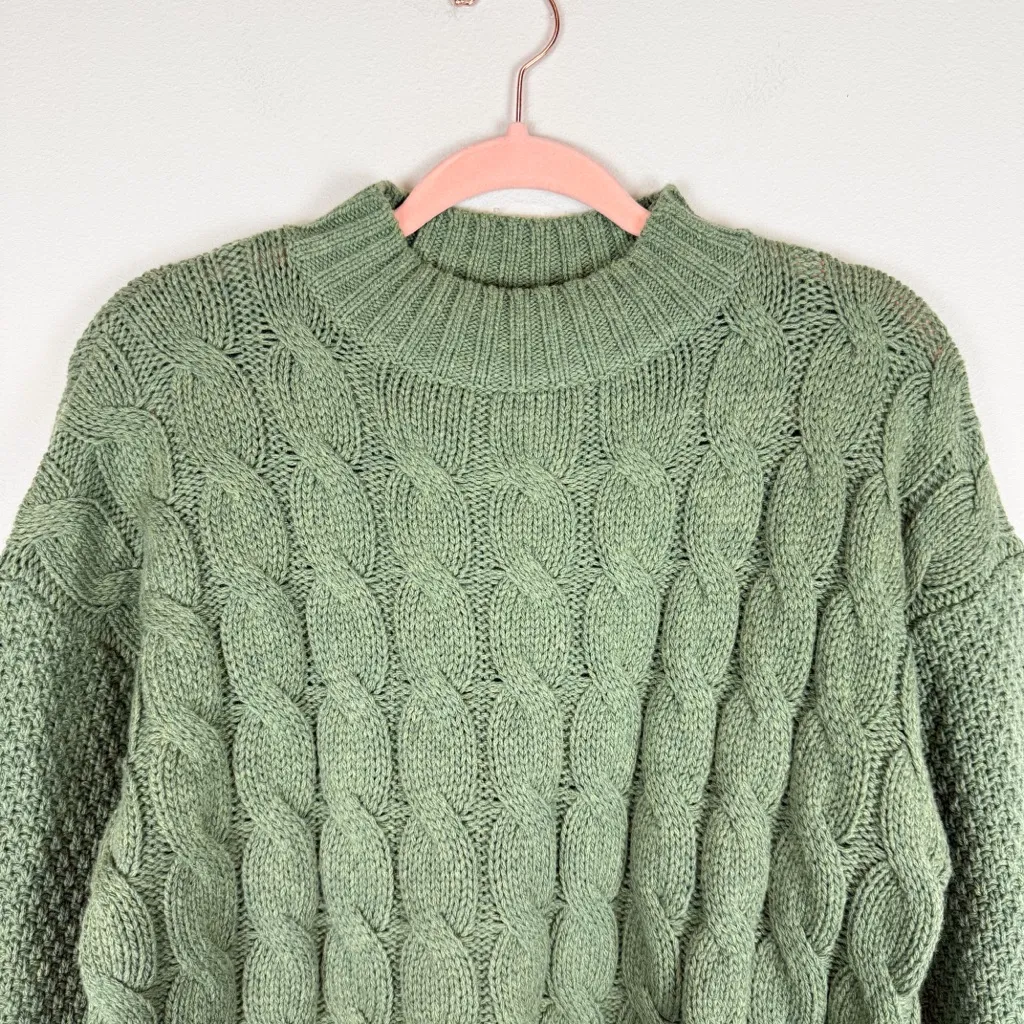 Margaret O’Leary Green Merino Wool Mock Neck Cable Knit Cropped Sweater Small - Image 3
