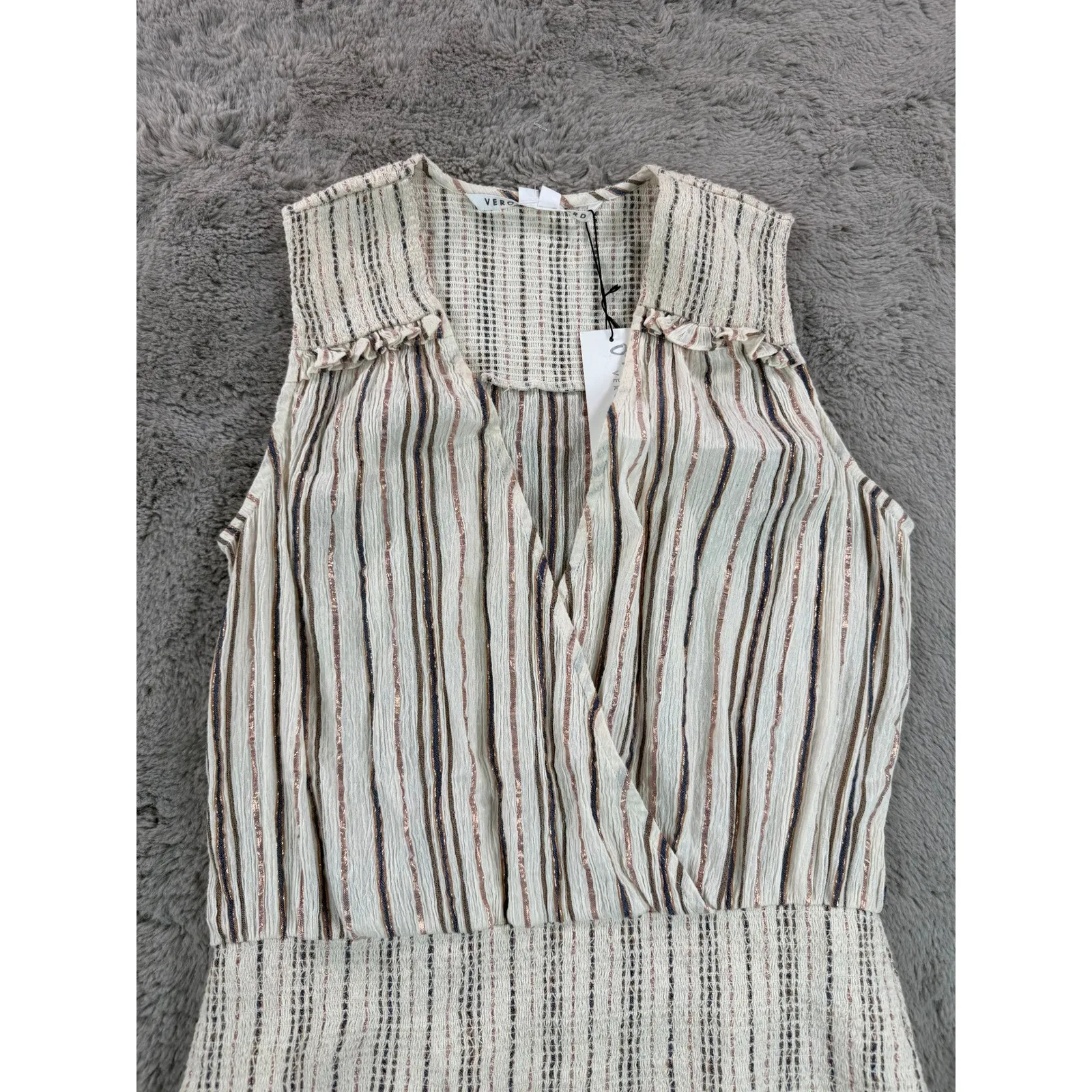 NWT Veronica Beard Cox Dress Size M Natural Multi Striped Ruffle Minimalist Y2K - Image 12