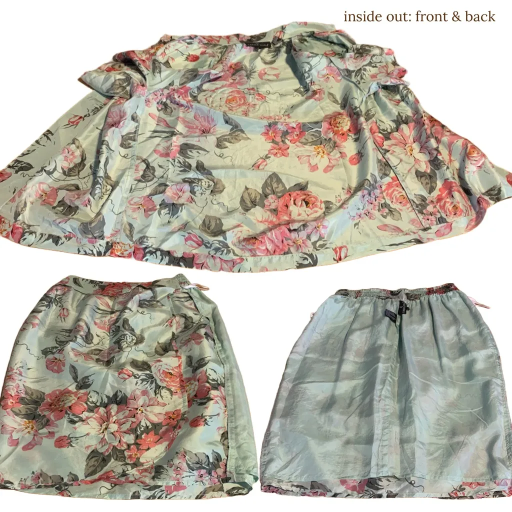 VINTAGE CAROLE LITTLE MINTY GREEN & PINK FLORAL PRINT SILK SKIRT SET (4) - Image 13