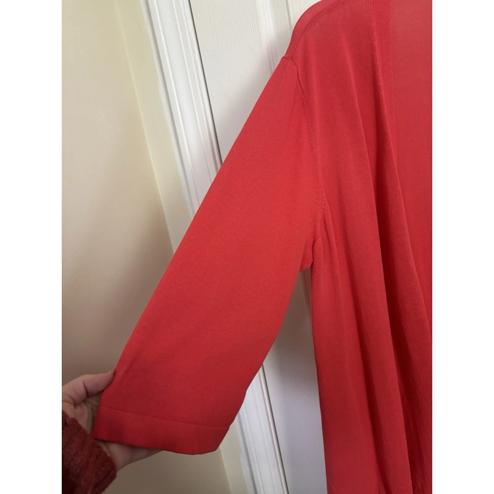 Chico’s Coral Long Line Open Front 3/4 Sleeve Cardigan Beach Cover Up Size 3 XL - Image 4