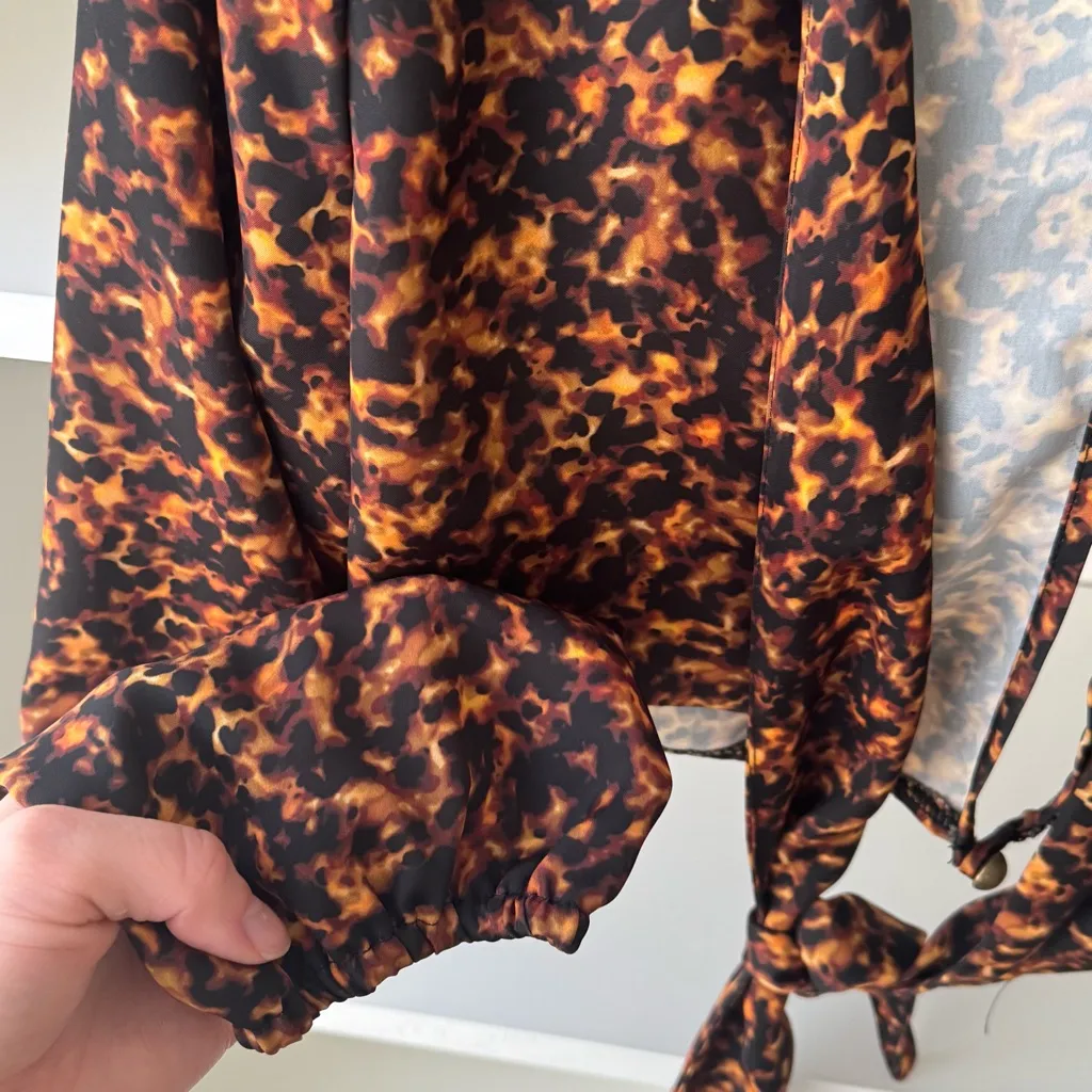 RESA Revolve Abstract Leopard Print Long Sleeve Tie Top Orange - Image 3