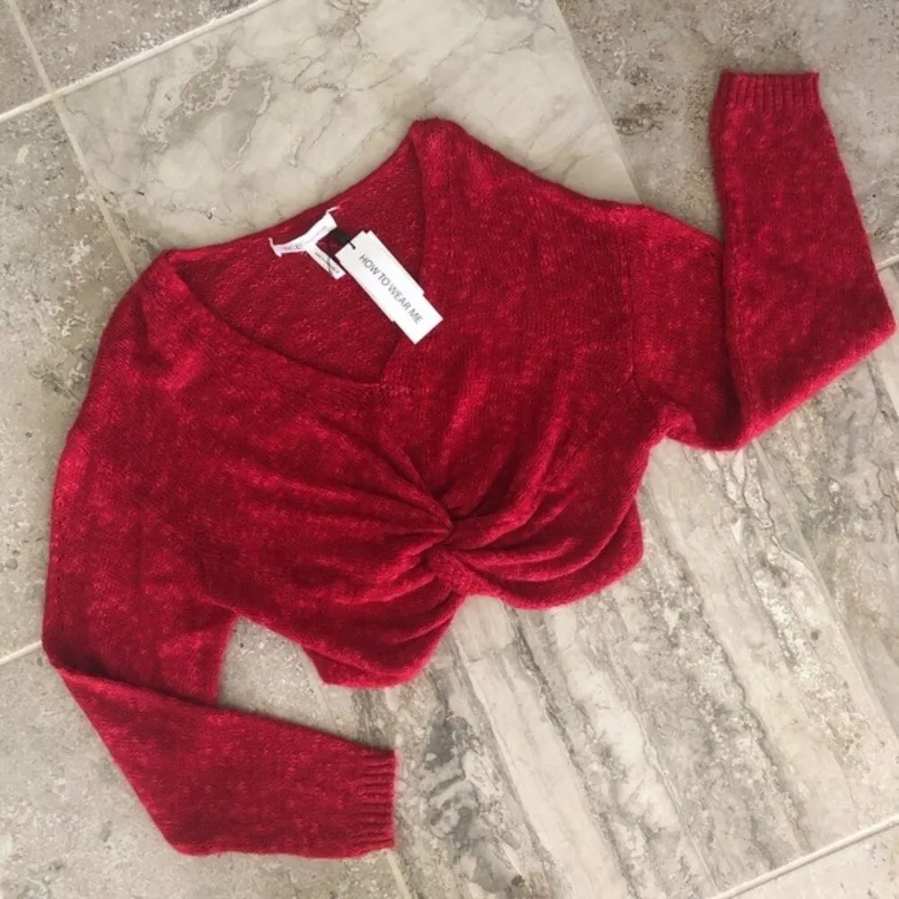 BCBG Twist Tie Sweater V-Neck Cropped in Red, Size XL New w/Tag - Image 4