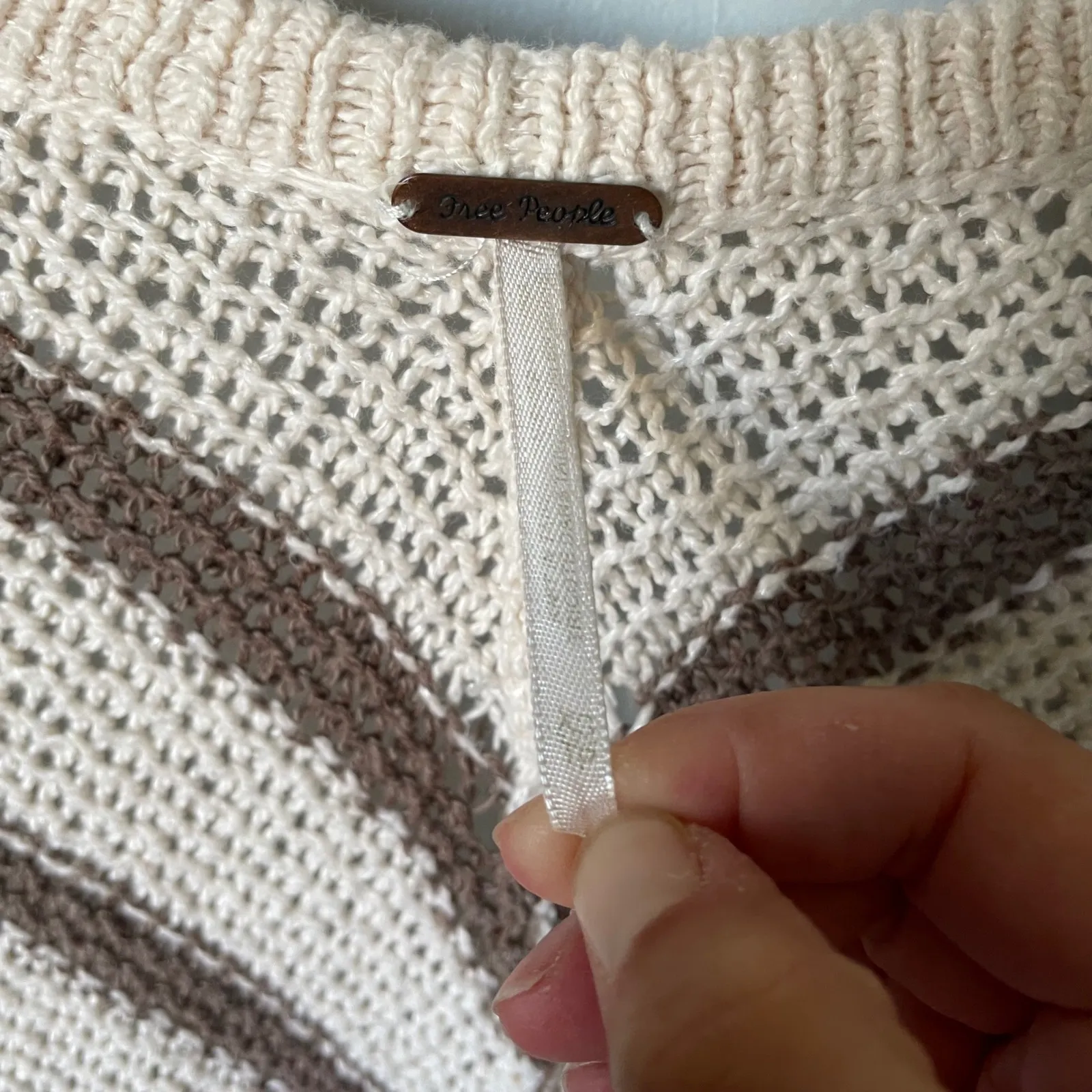 Free People Striped Asymmetrical Knit Cardigan Open Front Pockets Cream Brown XS - Image 10